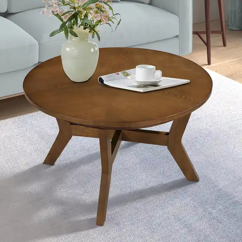 Table basse ronde en bois de style ferme avec 4 pieds en bois massif