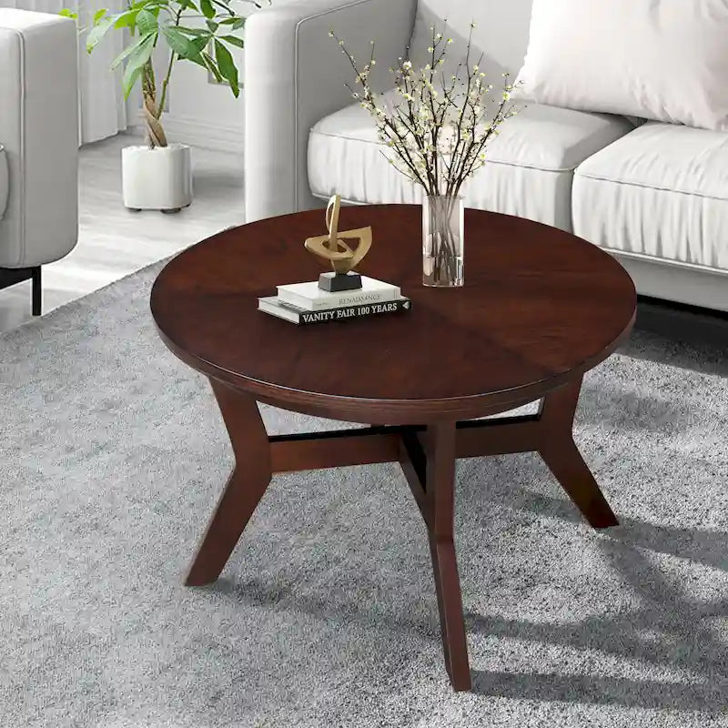 Table basse ronde en bois de style ferme avec 4 pieds en bois massif