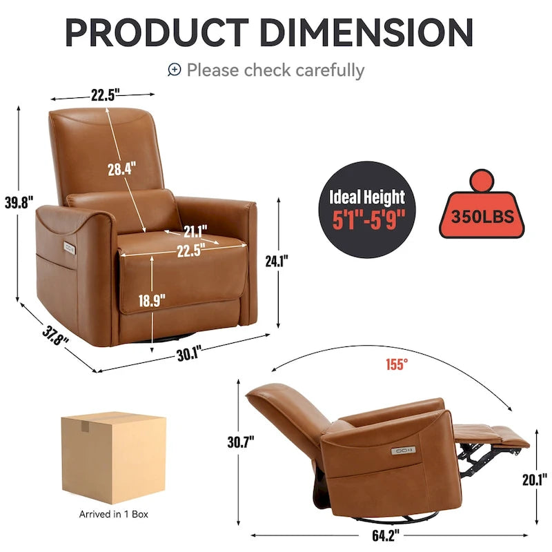Fauteuil inclinable électrique pivotant et berçant, mécanisme de mouvement robuste avec ports USB et Type-C