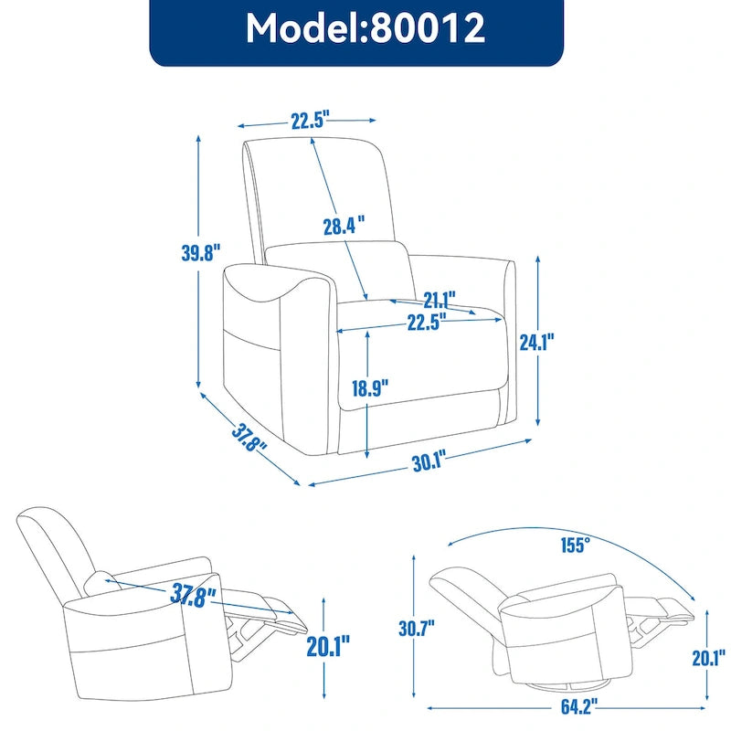 Fauteuil inclinable électrique pivotant et berçant, mécanisme de mouvement robuste avec ports USB et Type-C