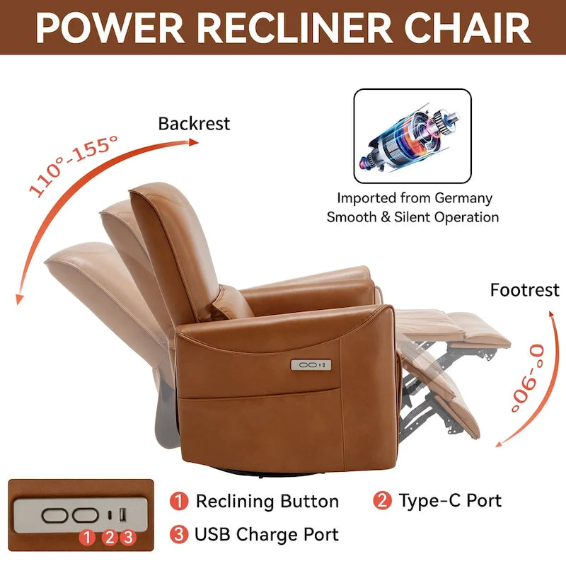Fauteuil inclinable électrique pivotant et berçant, mécanisme de mouvement robuste avec ports USB et Type-C