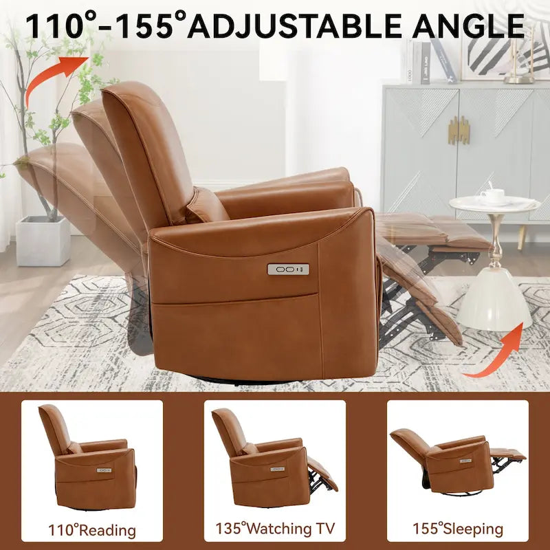 Fauteuil inclinable électrique pivotant et berçant, mécanisme de mouvement robuste avec ports USB et Type-C