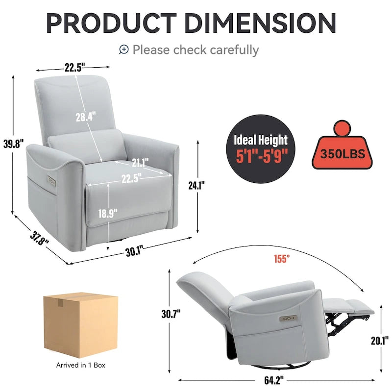 Fauteuil inclinable électrique pivotant et berçant, mécanisme de mouvement robuste avec ports USB et Type-C