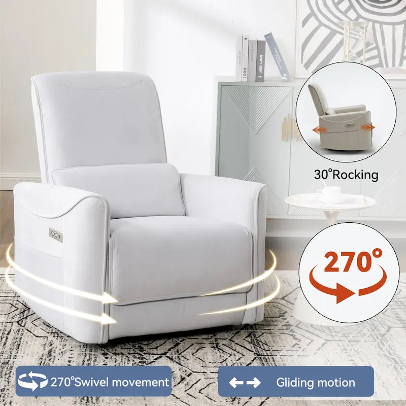 Fauteuil inclinable électrique pivotant et berçant, mécanisme de mouvement robuste avec ports USB et Type-C