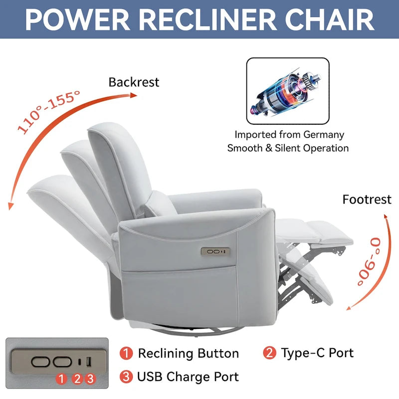 Fauteuil inclinable électrique pivotant et berçant, mécanisme de mouvement robuste avec ports USB et Type-C