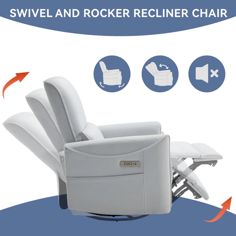Fauteuil inclinable électrique pivotant et berçant, mécanisme de mouvement robuste avec ports USB et Type-C