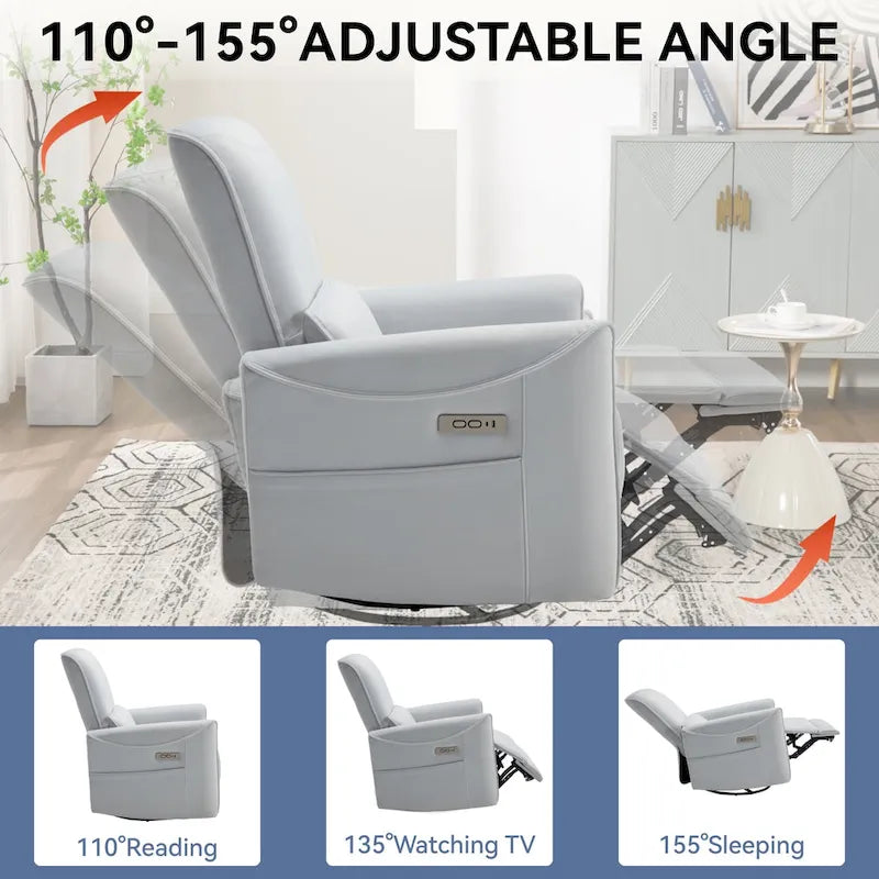Fauteuil inclinable électrique pivotant et berçant, mécanisme de mouvement robuste avec ports USB et Type-C