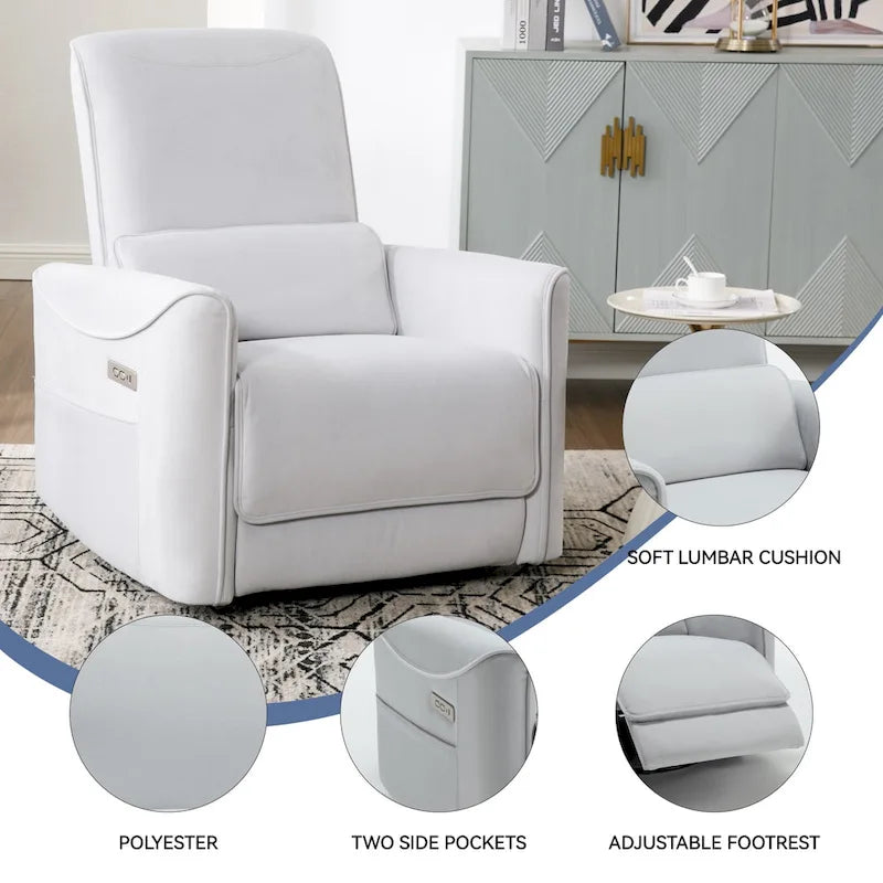 Fauteuil inclinable électrique pivotant et berçant, mécanisme de mouvement robuste avec ports USB et Type-C