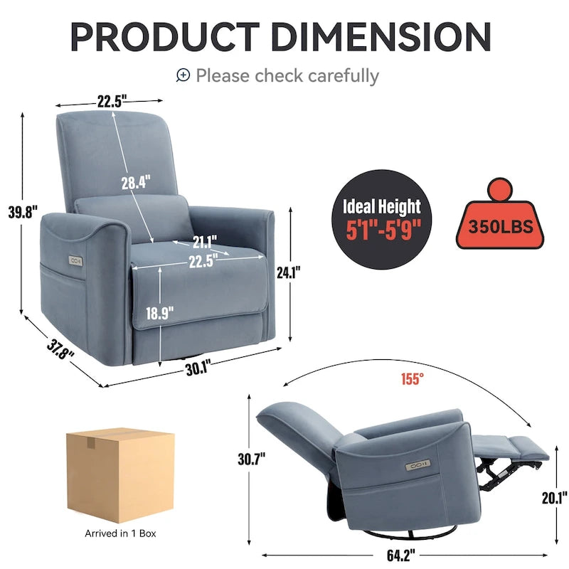 Fauteuil inclinable électrique pivotant et berçant, mécanisme de mouvement robuste avec ports USB et Type-C