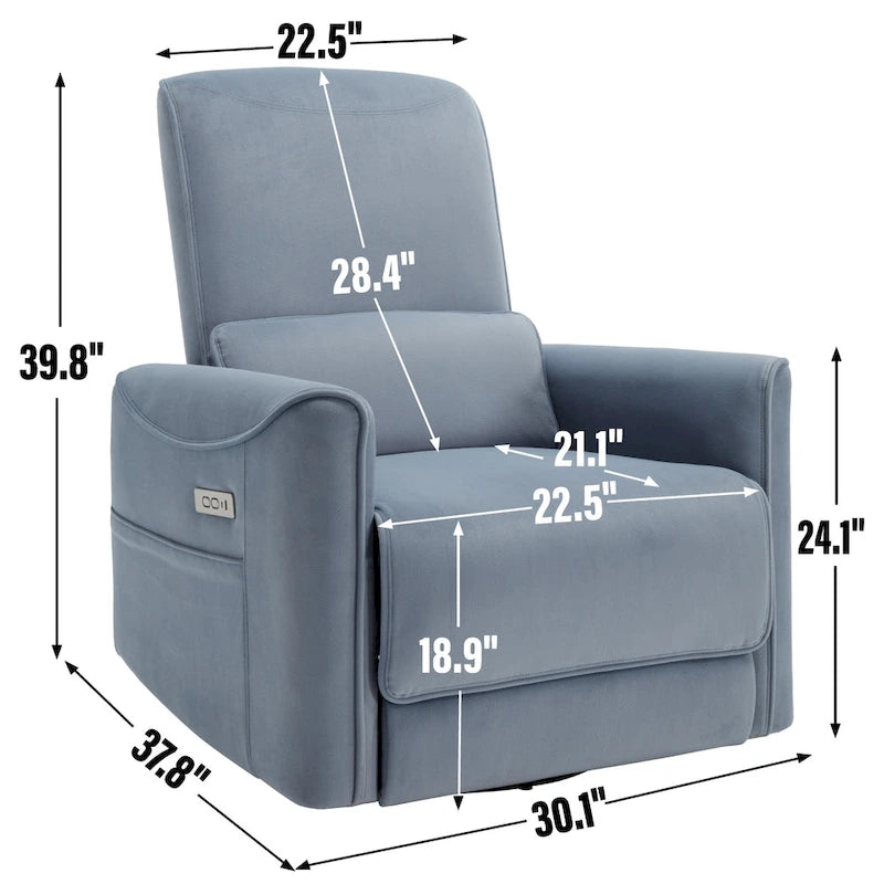 Fauteuil inclinable électrique pivotant et berçant, mécanisme de mouvement robuste avec ports USB et Type-C
