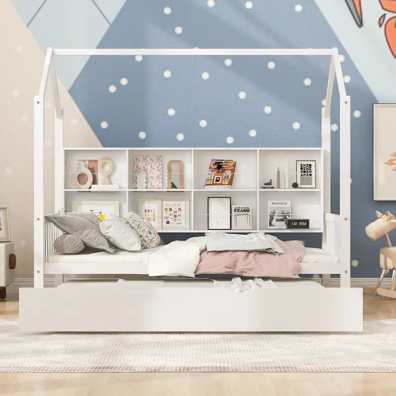 Lit enfant en bois avec tête de lit de rangement, lit cabane avec lit gigogne, lit plateforme avec support à lattes en bois