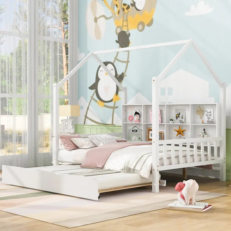Lit enfant en bois avec tête de lit de rangement, lit cabane avec lit gigogne, lit plateforme avec support à lattes en bois