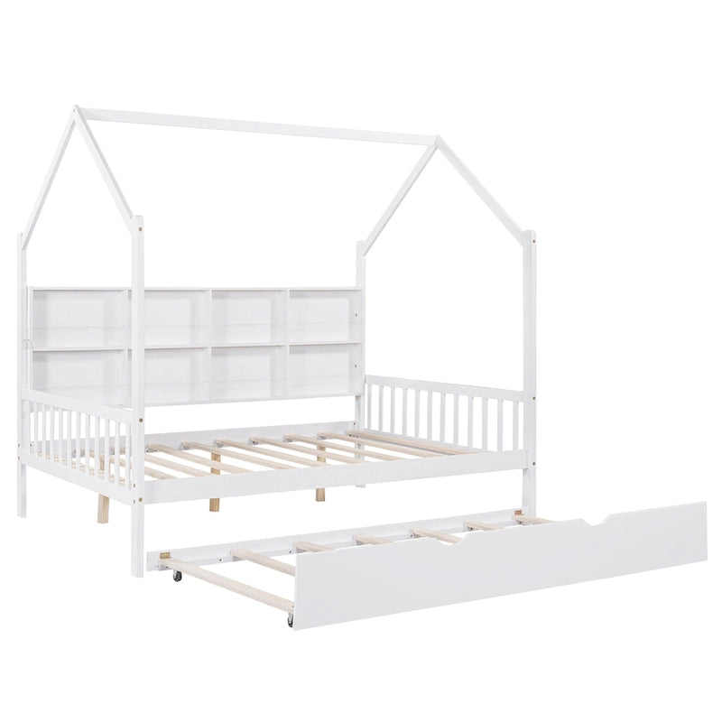 Lit enfant en bois avec tête de lit de rangement, lit cabane avec lit gigogne, lit plateforme avec support à lattes en bois