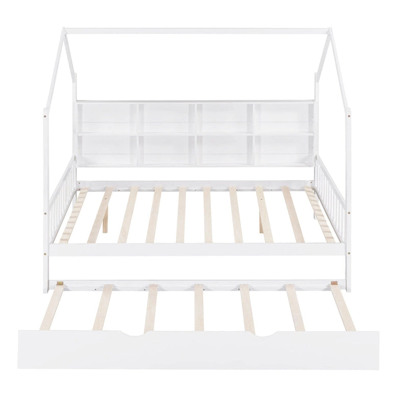 Lit enfant en bois avec tête de lit de rangement, lit cabane avec lit gigogne, lit plateforme avec support à lattes en bois