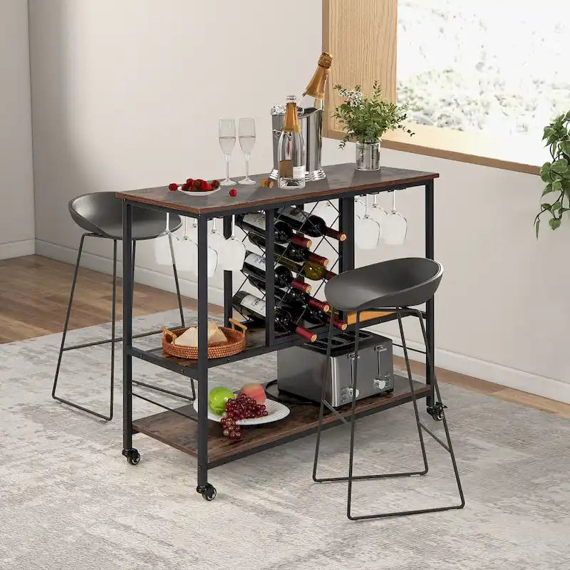 Chariot de bar industriel à roulettes pour cuisine avec porte-vin