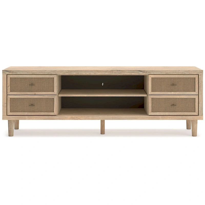 Grand meuble TV, 4 tiroirs, 2 étagères, bois marron, 183 cm