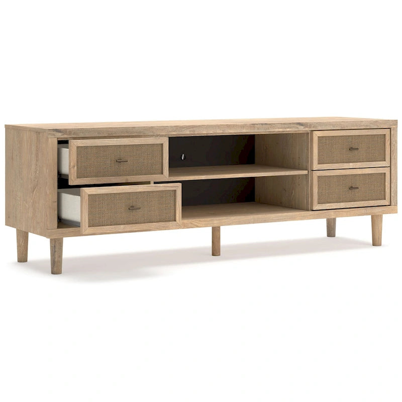 Grand meuble TV, 4 tiroirs, 2 étagères, bois marron, 183 cm