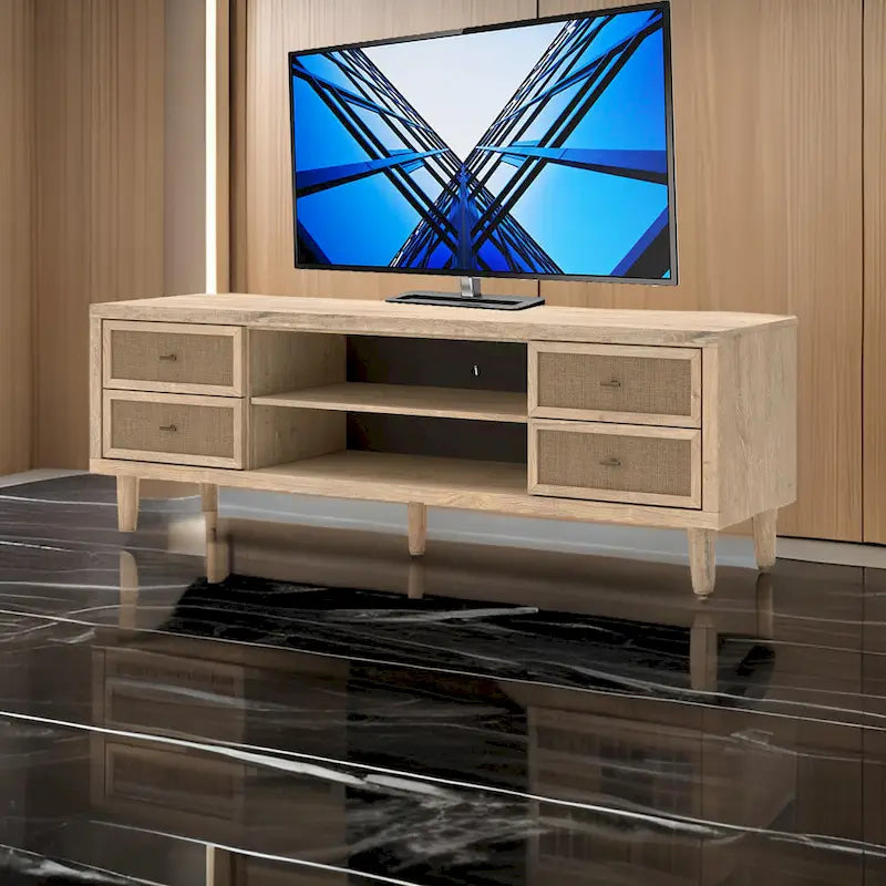 Grand meuble TV, 4 tiroirs, 2 étagères, bois marron, 183 cm