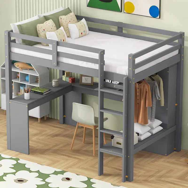 Structure de lit mezzanine avec bureau en L, armoire et étagères