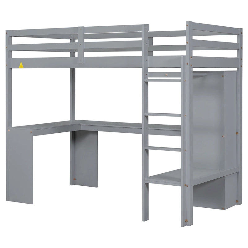 Structure de lit mezzanine avec bureau en L, armoire et étagères