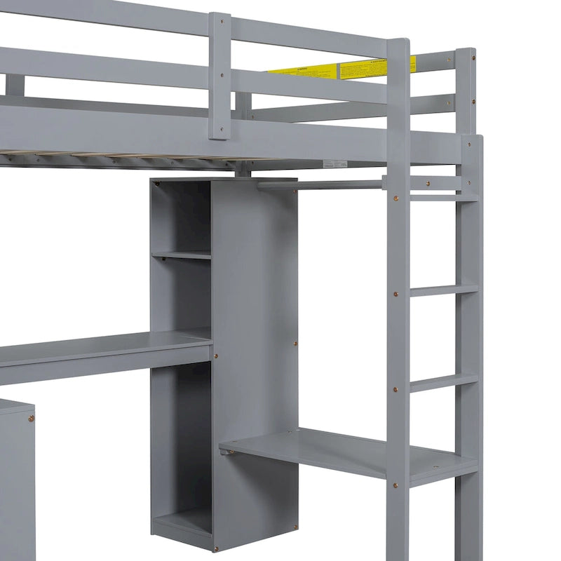 Structure de lit mezzanine avec bureau en L, armoire et étagères