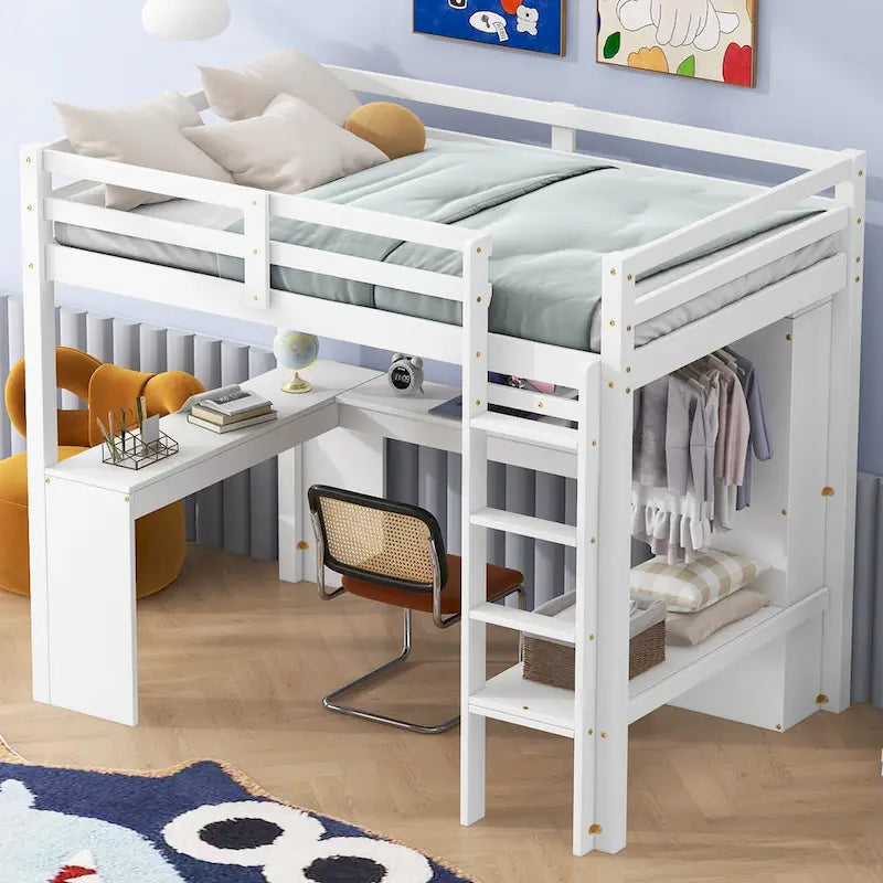 Structure de lit mezzanine avec bureau en L, armoire et étagères