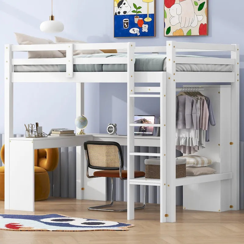 Structure de lit mezzanine avec bureau en L, armoire et étagères