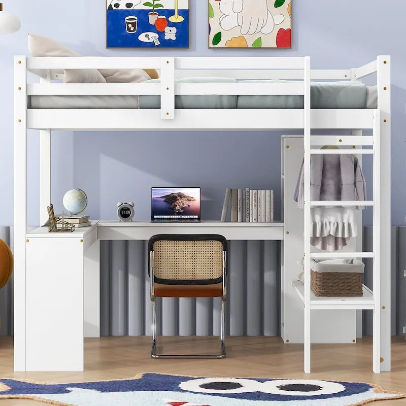 Structure de lit mezzanine avec bureau en L, armoire et étagères