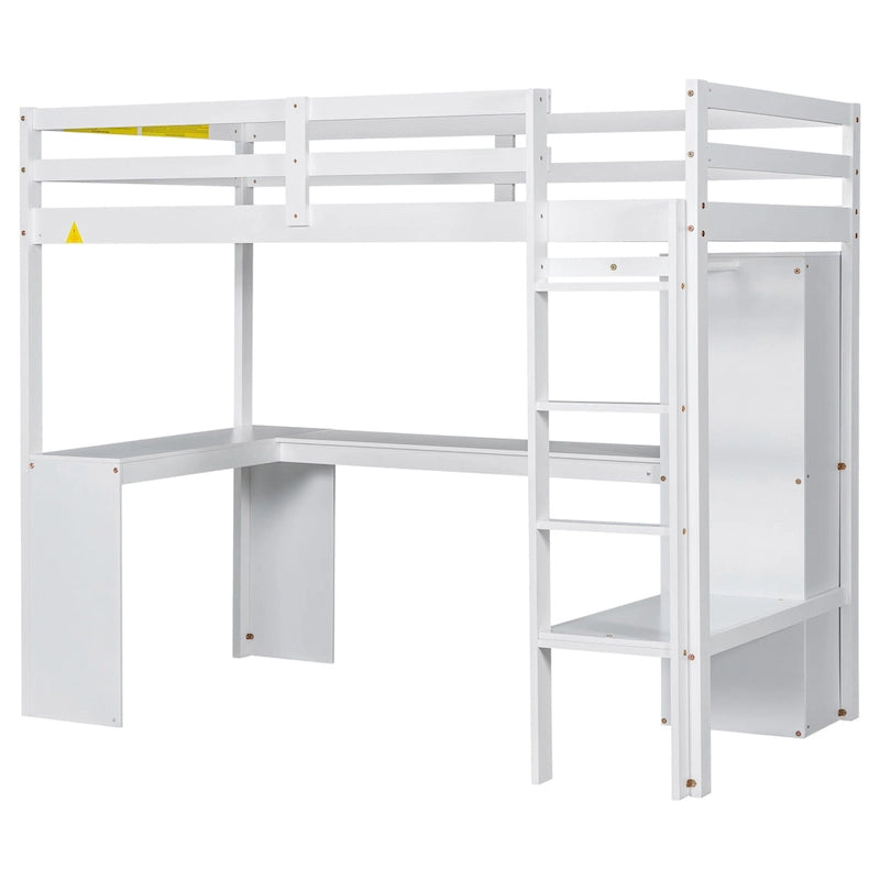 Structure de lit mezzanine avec bureau en L, armoire et étagères
