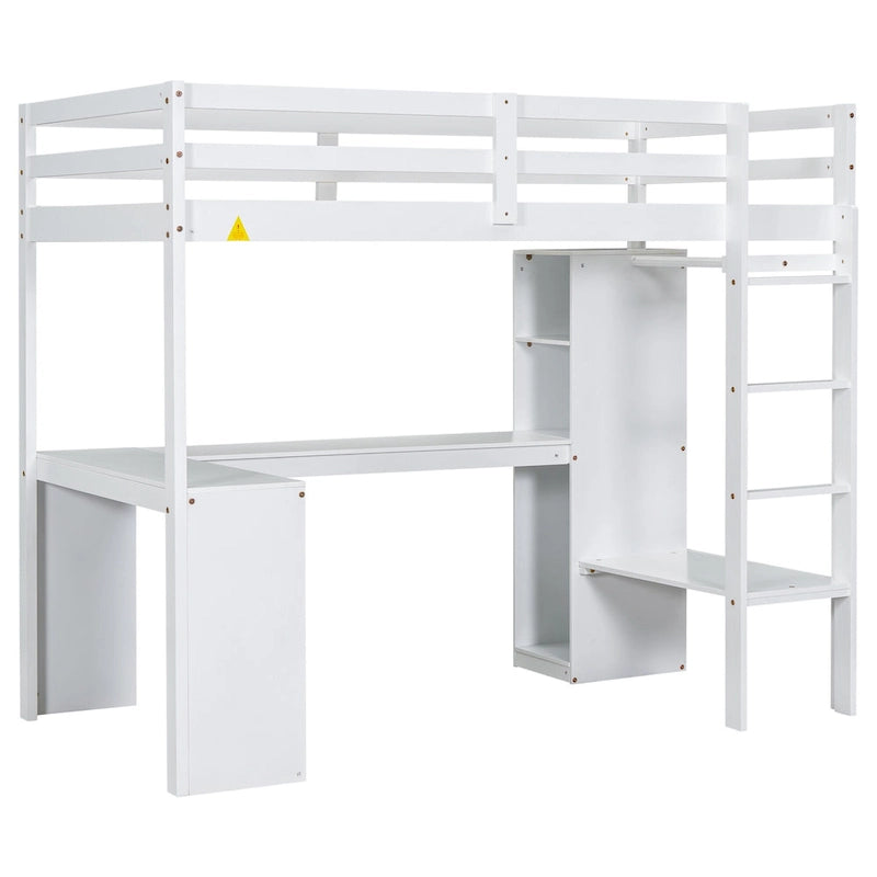 Structure de lit mezzanine avec bureau en L, armoire et étagères