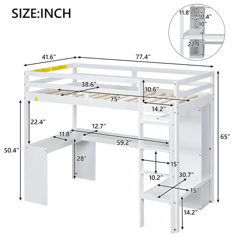 Structure de lit mezzanine avec bureau en L, armoire et étagères