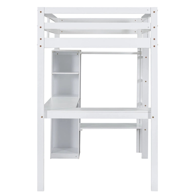 Structure de lit mezzanine avec bureau en L, armoire et étagères