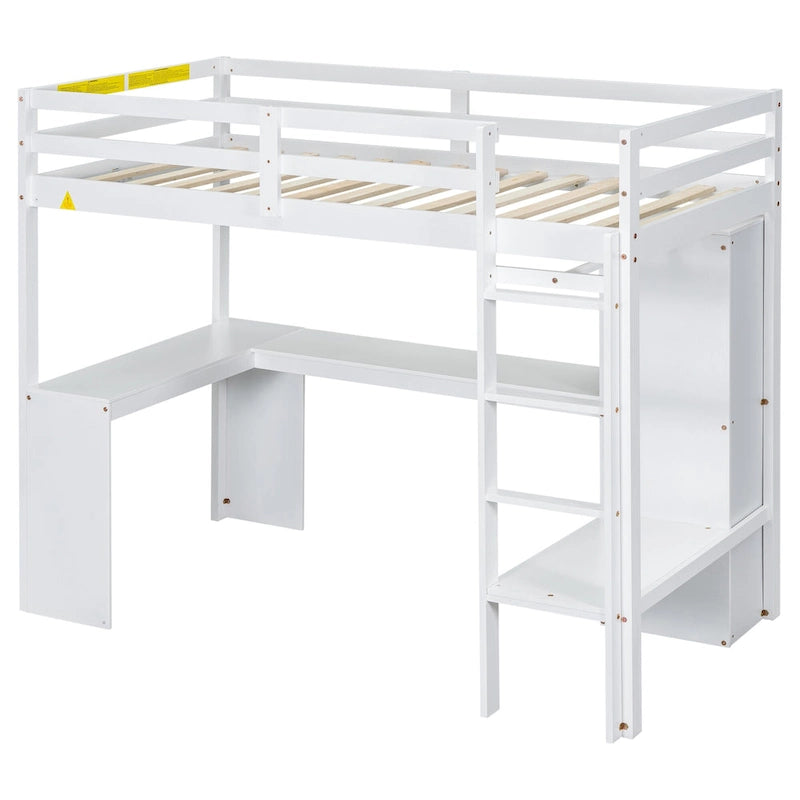 Structure de lit mezzanine avec bureau en L, armoire et étagères
