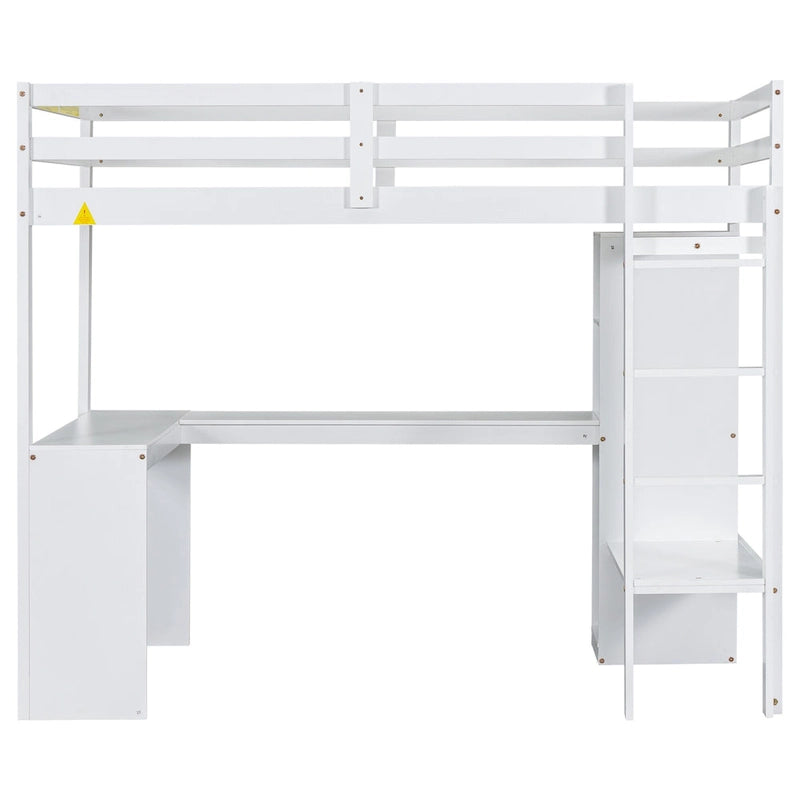 Structure de lit mezzanine avec bureau en L, armoire et étagères