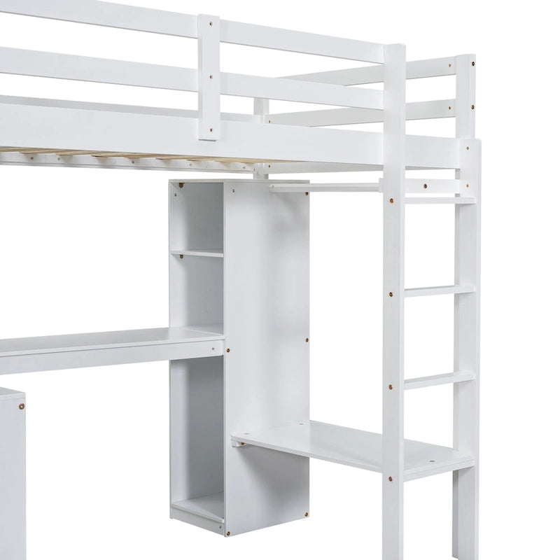 Structure de lit mezzanine avec bureau en L, armoire et étagères