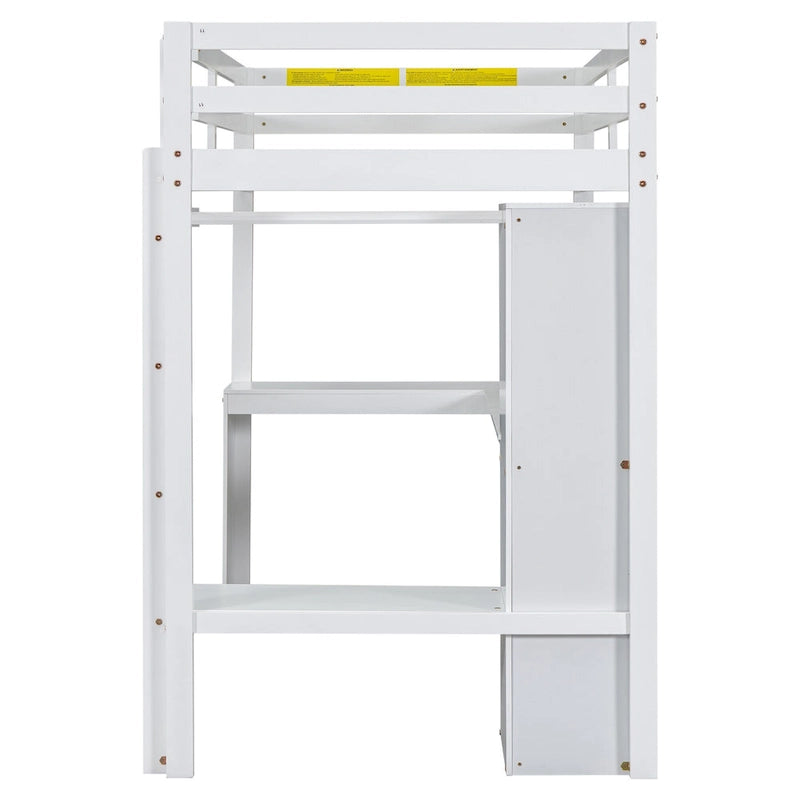Structure de lit mezzanine avec bureau en L, armoire et étagères
