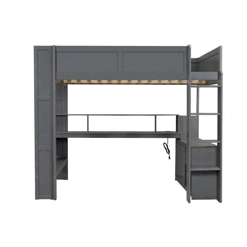 Lit mezzanine de jeu en bois avec bureau, étagères de rangement multiples, LED et station de charge, gris foncé