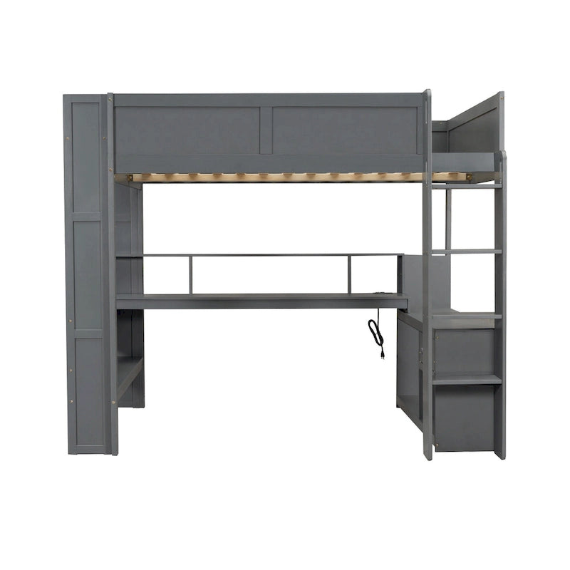 Lit mezzanine de jeu en bois avec bureau, étagères de rangement multiples, LED et station de charge, gris foncé