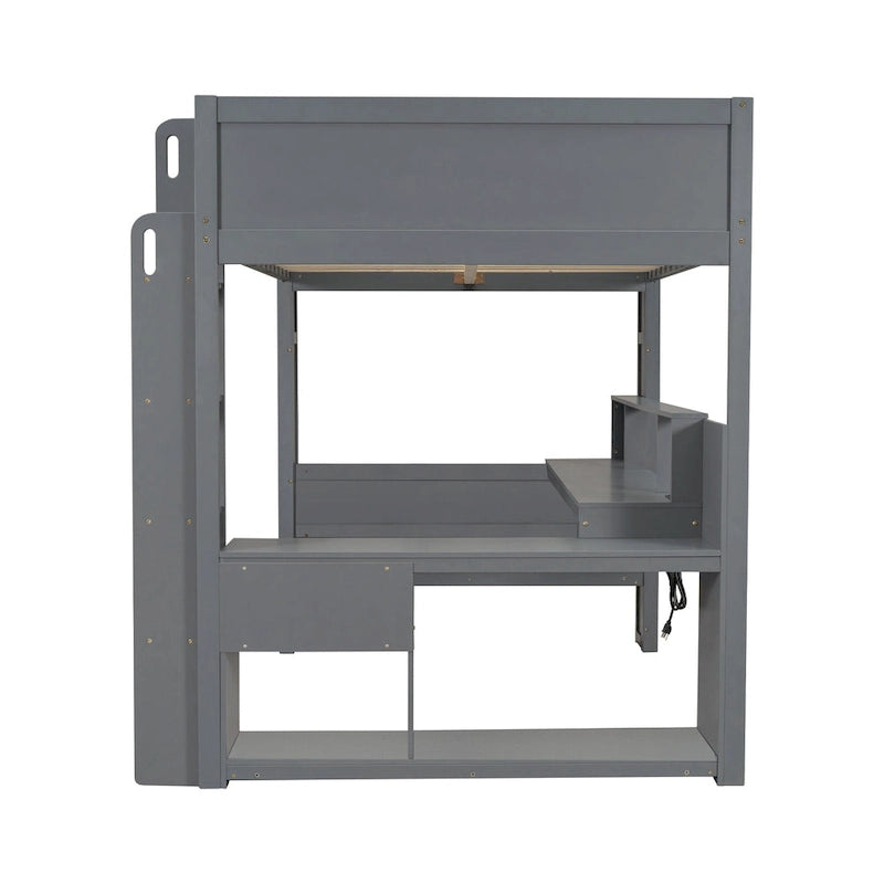 Lit mezzanine de jeu en bois avec bureau, étagères de rangement multiples, LED et station de charge, gris foncé