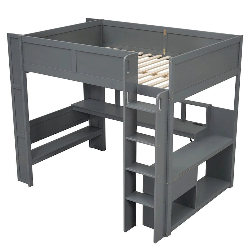 Lit mezzanine de jeu en bois avec bureau, étagères de rangement multiples, LED et station de charge, gris foncé
