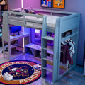 Lit mezzanine double multifonctionnel en bois avec bureau, étagères de rangement multiples, LED et portant à vêtements, pas besoin de sommier tapissier