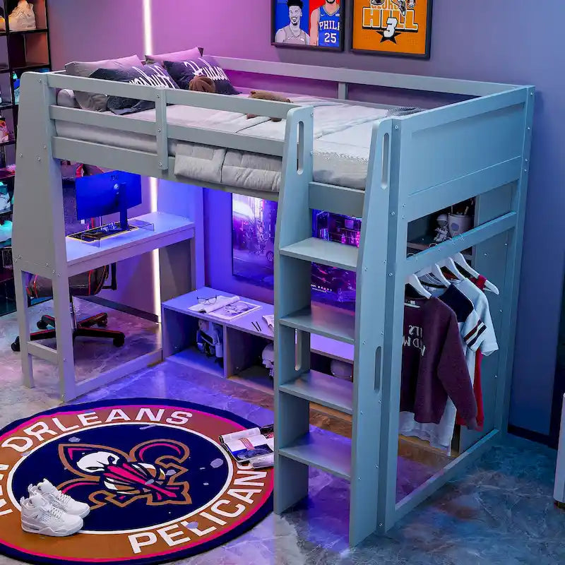 Lit mezzanine double multifonctionnel en bois avec bureau, étagères de rangement multiples, LED et portant à vêtements, pas besoin de sommier tapissier