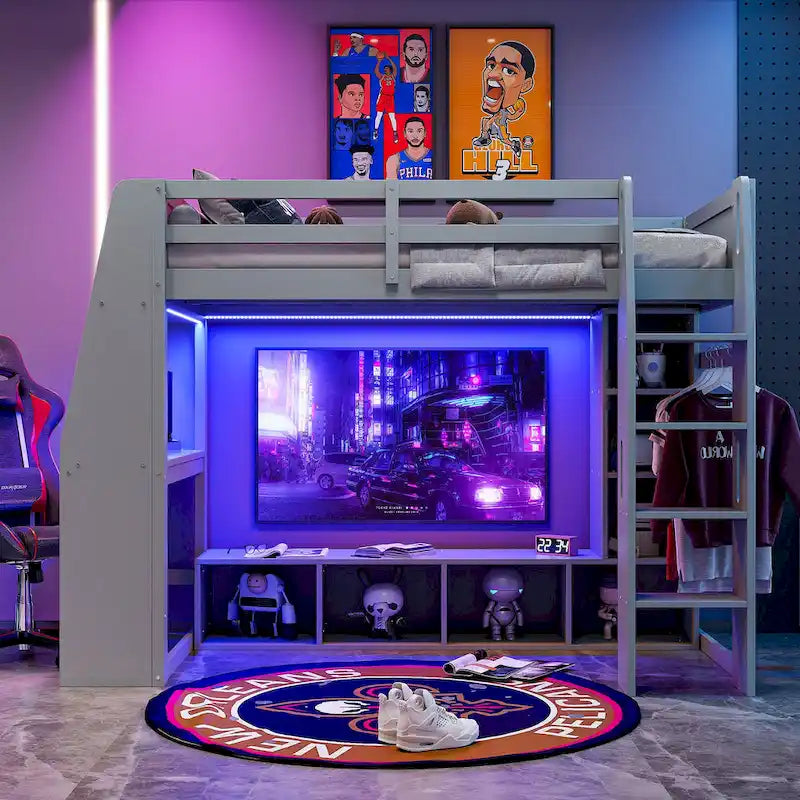 Lit mezzanine double multifonctionnel en bois avec bureau, étagères de rangement multiples, LED et portant à vêtements, pas besoin de sommier tapissier