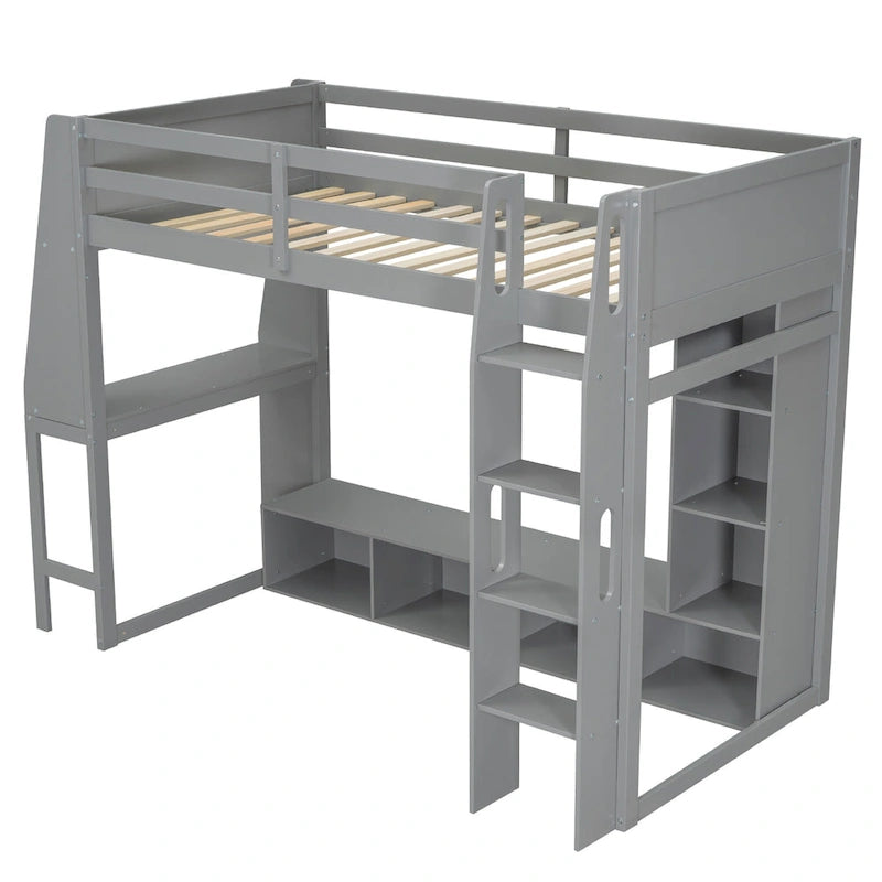 Lit mezzanine double multifonctionnel en bois avec bureau, étagères de rangement multiples, LED et portant à vêtements, pas besoin de sommier tapissier