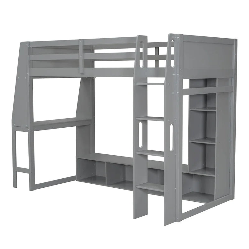 Lit mezzanine double multifonctionnel en bois avec bureau, étagères de rangement multiples, LED et portant à vêtements, pas besoin de sommier tapissier