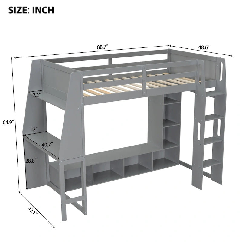 Lit mezzanine double multifonctionnel en bois avec bureau, étagères de rangement multiples, LED et portant à vêtements, pas besoin de sommier tapissier