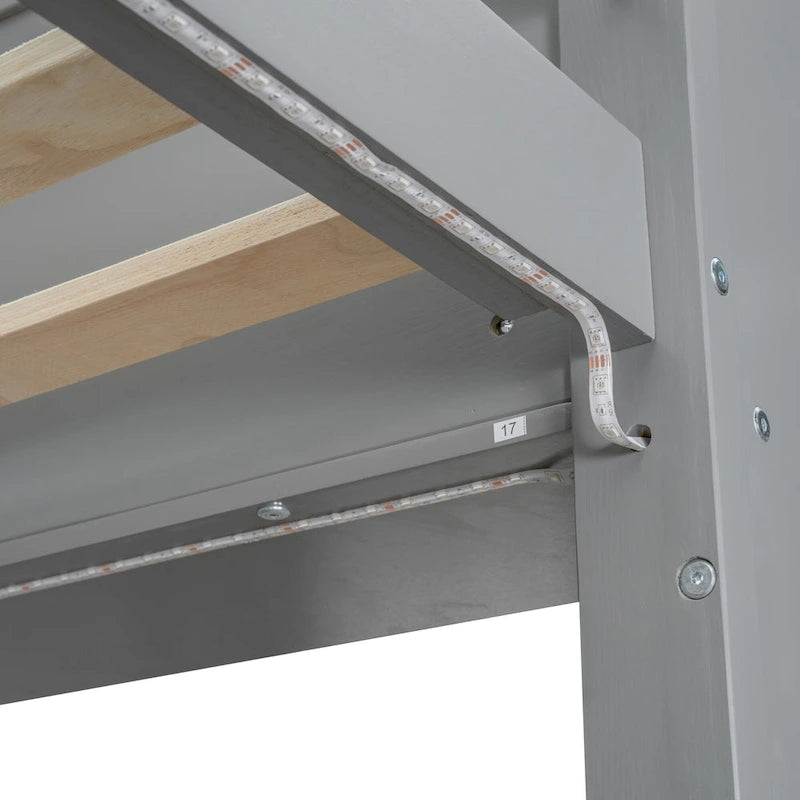 Lit mezzanine double multifonctionnel en bois avec bureau, étagères de rangement multiples, LED et portant à vêtements, pas besoin de sommier tapissier