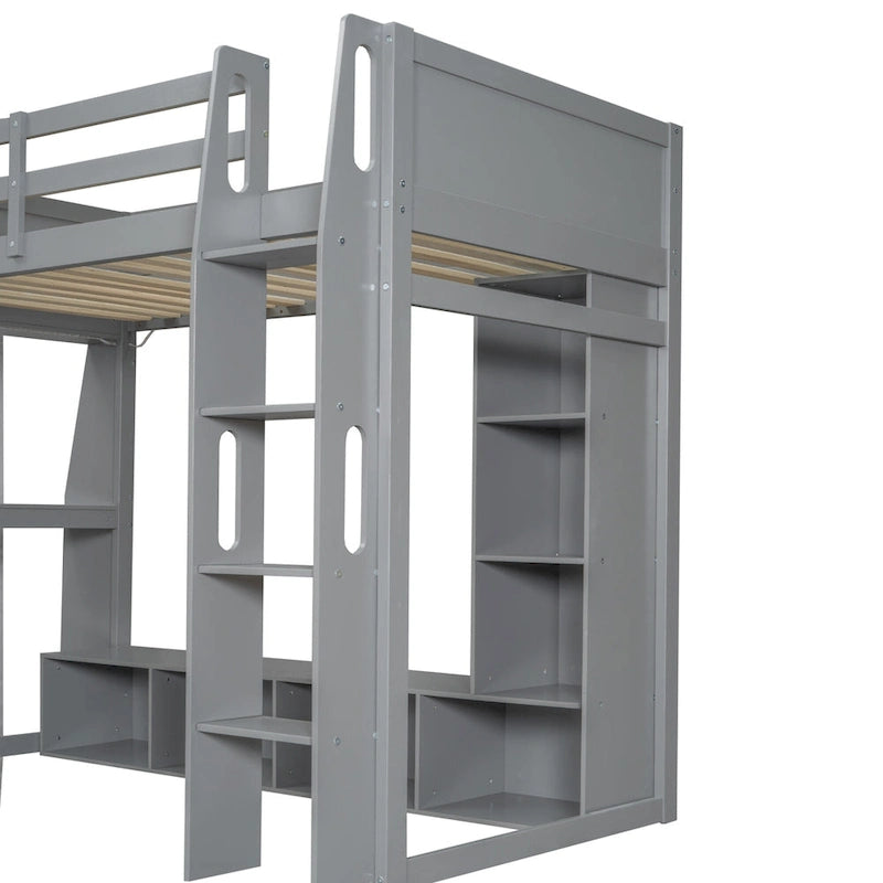 Lit mezzanine double multifonctionnel en bois avec bureau, étagères de rangement multiples, LED et portant à vêtements, pas besoin de sommier tapissier