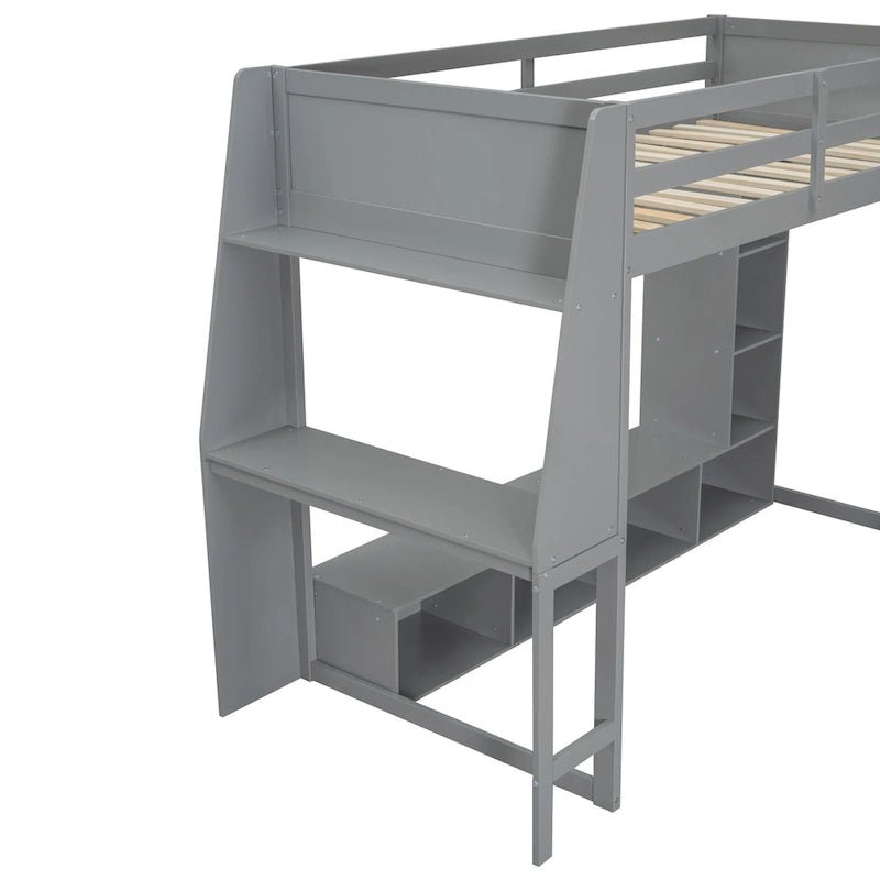 Lit mezzanine double multifonctionnel en bois avec bureau, étagères de rangement multiples, LED et portant à vêtements, pas besoin de sommier tapissier