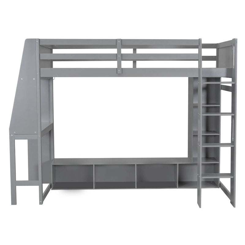 Lit mezzanine double multifonctionnel en bois avec bureau, étagères de rangement multiples, LED et portant à vêtements, pas besoin de sommier tapissier
